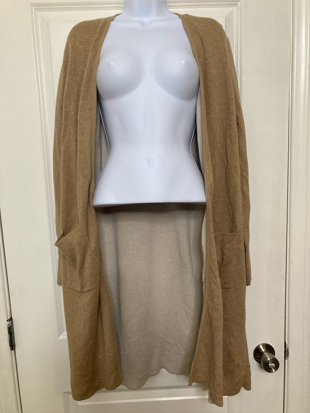 J. Jill Long Line Open Front Camel Duster Cardigan Sweater Patch Pockets Size S